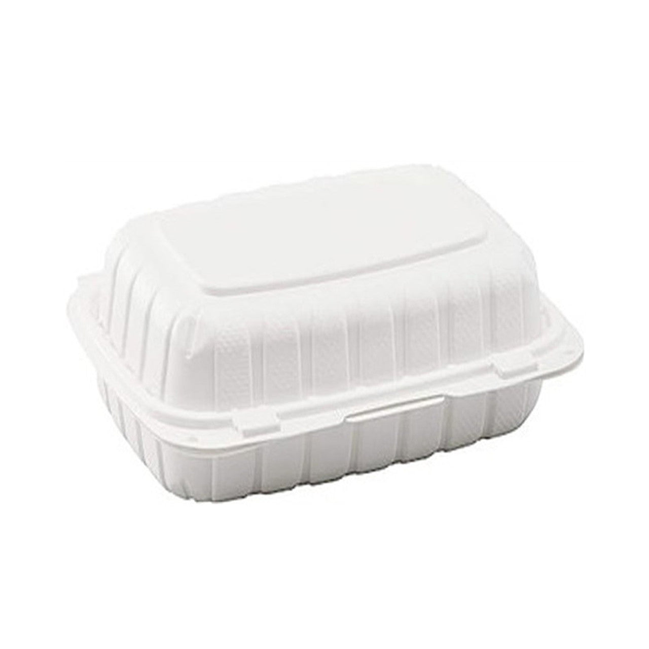 PP206 9x6x3 inch plastic clamshell food container closed at angle – microwave safe disposable take out box ideal for restaurant delivery and catering