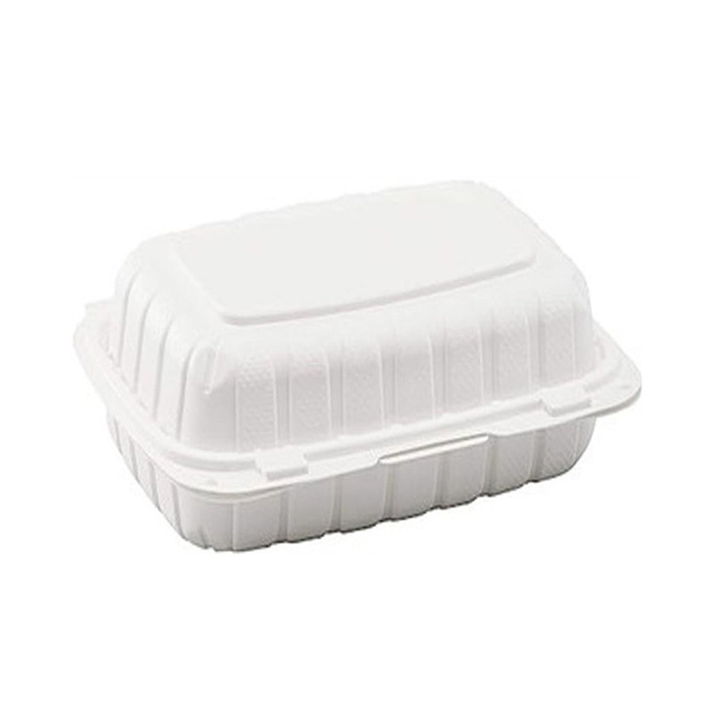 PP206 9x6x3 inch plastic clamshell food container closed at angle – microwave safe disposable take out box ideal for restaurant delivery and catering