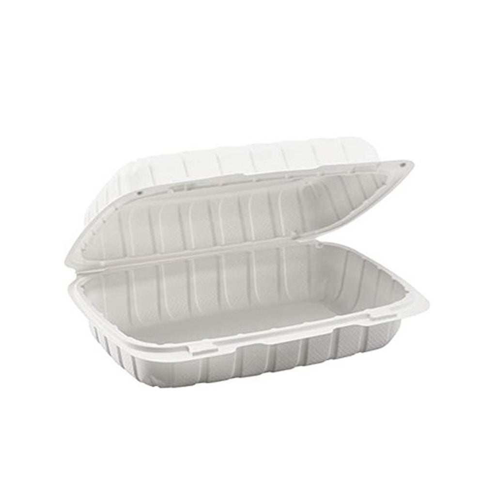 PP206 9x6x3 plastic clamshell food container half open front view – strong hinged lid take out box for restaurant, deli, and catering packaging