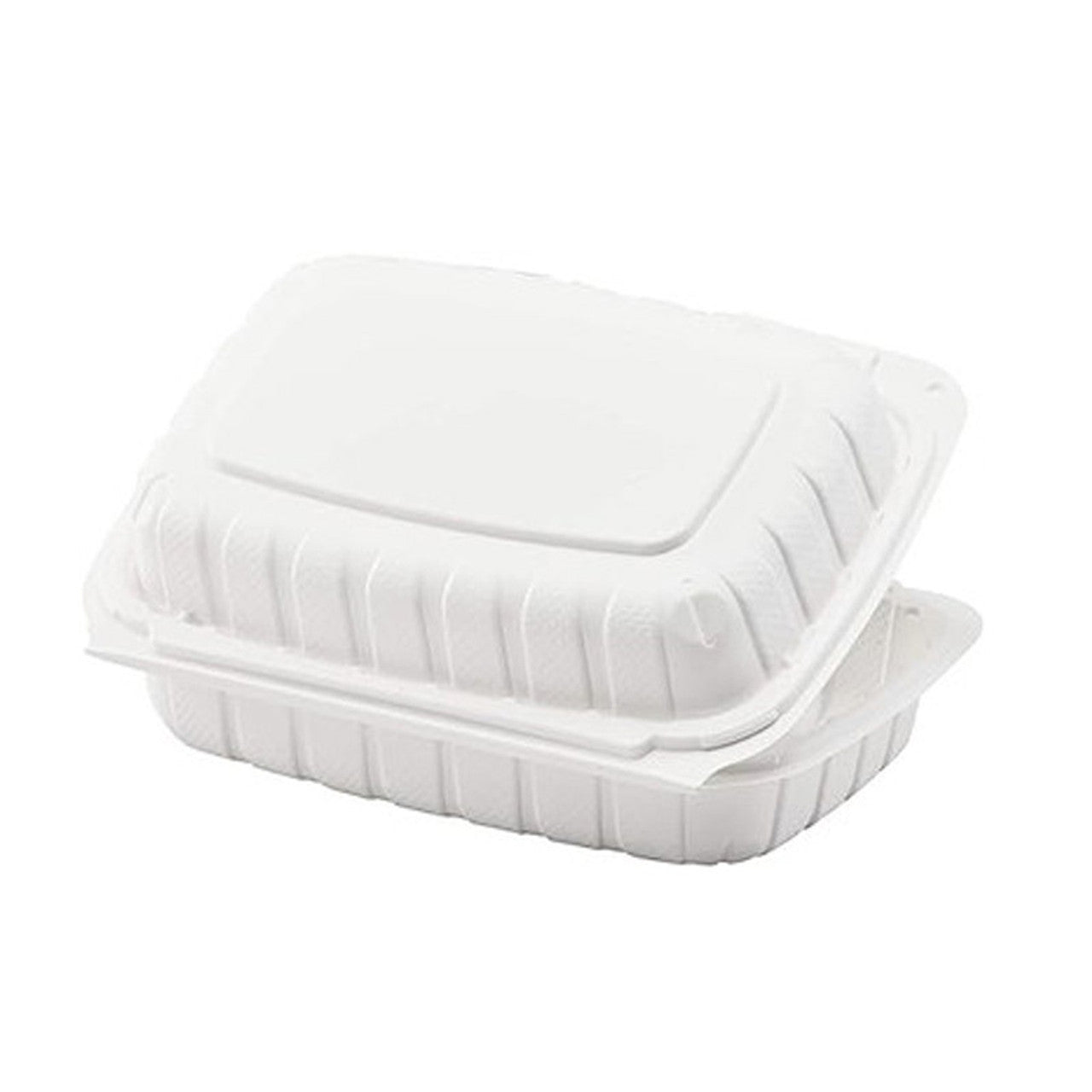 Back view of PP206 microwaveable plastic takeout container half open – leak resistant design for take away meals and leftovers