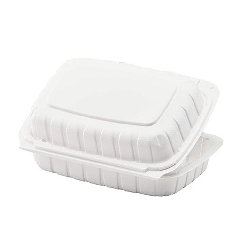 Back view of PP206 microwaveable plastic takeout container half open – leak resistant design for take away meals and leftovers