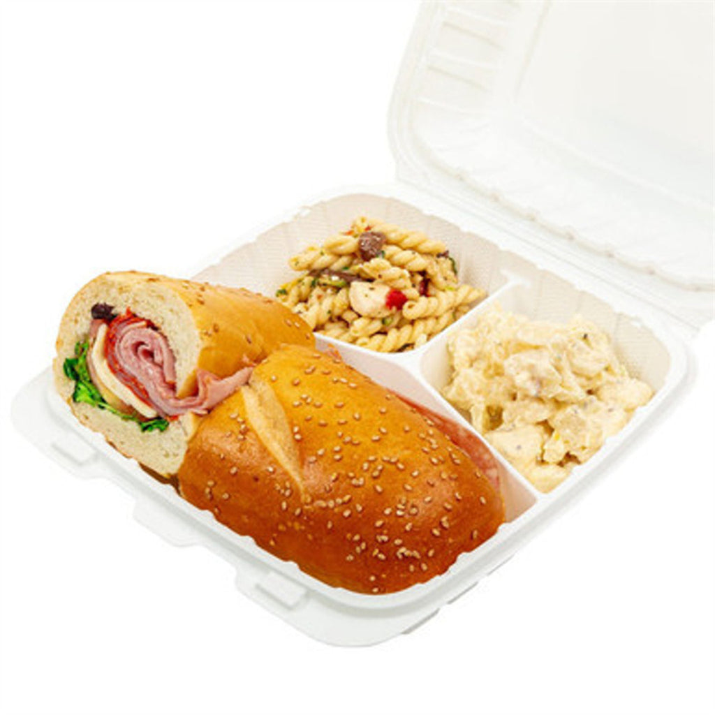 9 inch 3 compartment plastic clamshell food container filled with pasta, salad, and bread