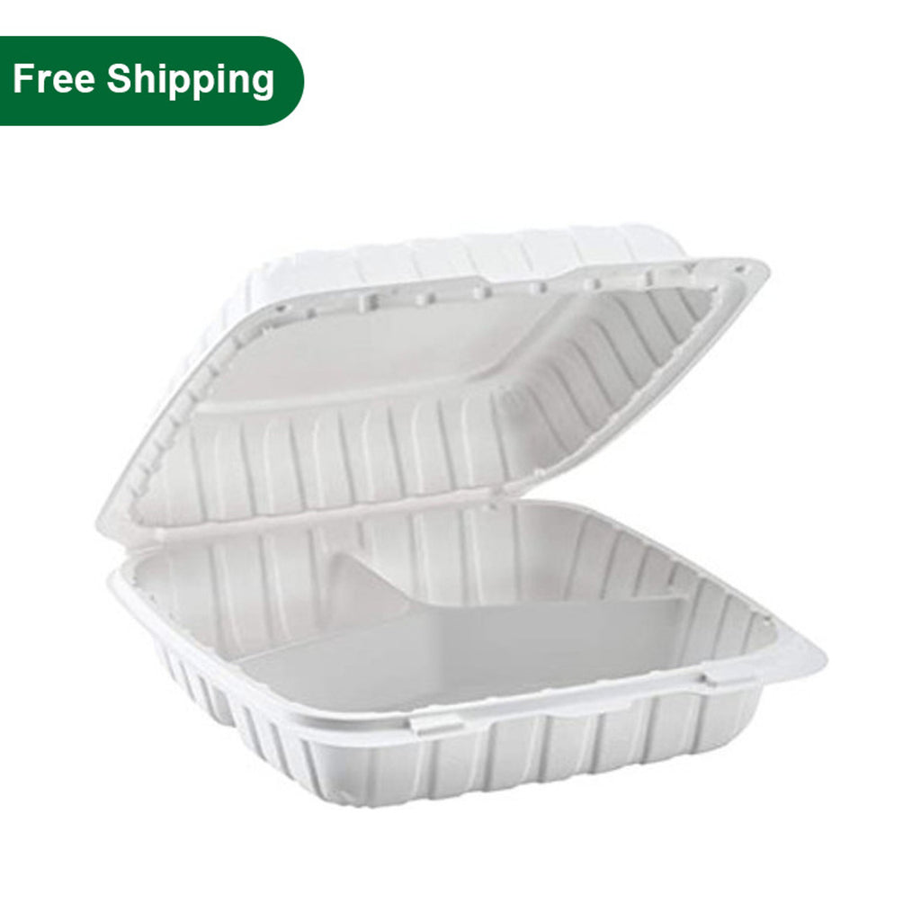 9 inch 3 compartment plastic clamshell food container partially open with free shipping label