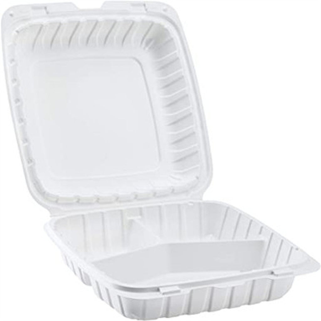 9 inch 3 compartment plastic clamshell food container wide open showing compartments