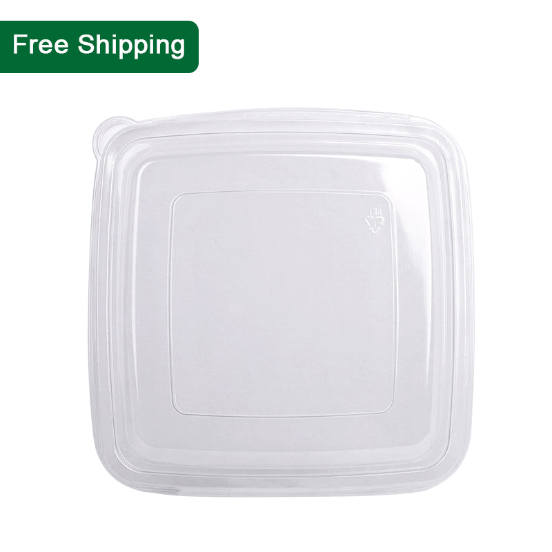 Clear PET lid for 32 oz square fiber bowls with Free Shipping label, tight fit disposable food container lid