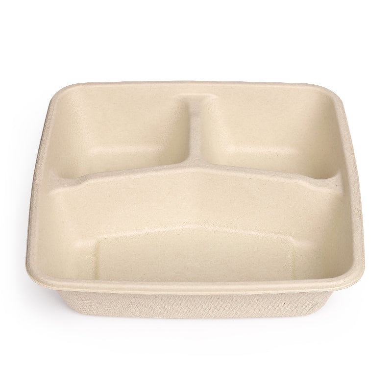 32 oz 3-compartment square fiber food container, eco friendly compostable meal box with three sections