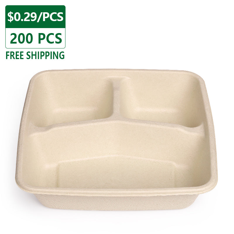 32 oz 3 compartment square compostable food container with Free Shipping and price label, eco friendly meal box