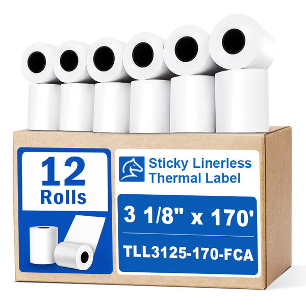 3 1/8" × 170' Sticky Linerless Thermal Label Rolls (12 Rolls) – Full-Coverage Removable Adhesive