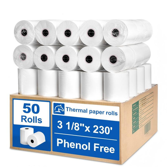 (50 Rolls) 3 1/8" x 230' Thermal Paper Receipt Rolls (Phenol Free)