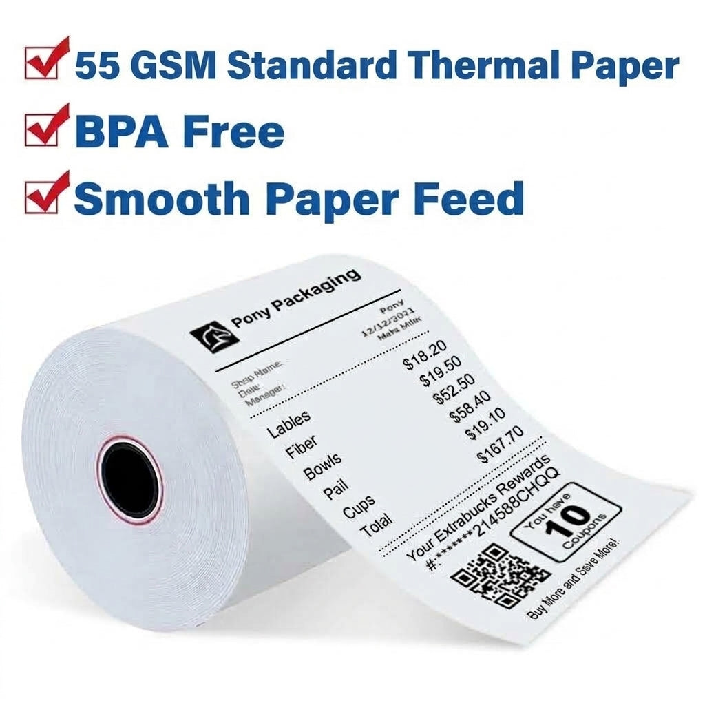 A thermal paper roll shown on a white background with promotional text reading '55 GSM Standard Thermal Paper', 'BPA Free', and 'Smooth Paper Feed'. The roll contains sample retail receipt text and a QR code.
