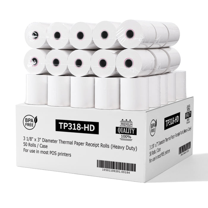 3 1/8" x 3" Diameter Heavy Duty Thermal Receipt Paper Rolls – 50 Rolls/Case