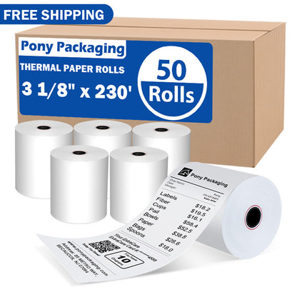 3 1/8" x 230' Thermal Receipt Printer Paper 50 Rolls POS Cash Register Compatible- Pony Packaging