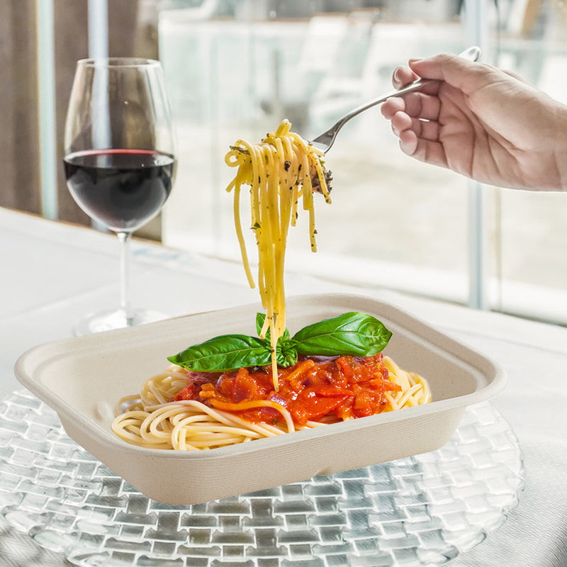 36 oz rectangular fiber container filled with pasta, compostable takeout box for meals