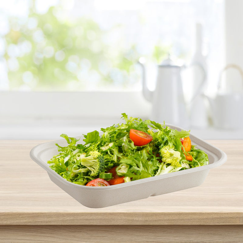 36 oz rectangular fiber food container filled with salad, eco friendly compostable salad box for food service