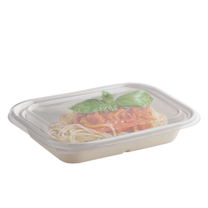Clear PET lid on 36 oz rectangular fiber food container filled with pasta, tight sealing eco friendly meal prep container