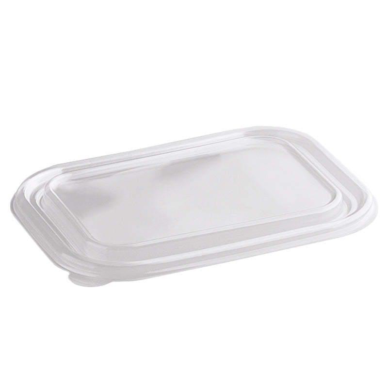 Clear PET plastic lids for 36 oz rectangular fiber takeout containers, stackable leak resistant meal prep lids