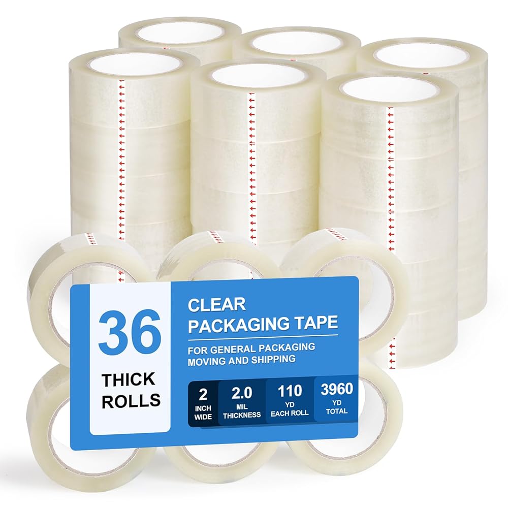 2 inch x 110 yards clear packing tape rolls (36 count, 2 mil thick) – compatible with standard tape dispensers