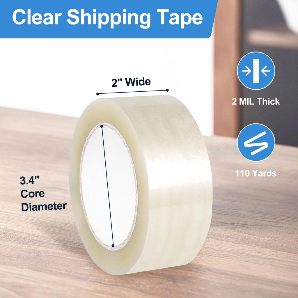 Dimensions of 2 inch x 110 yards clear packing tape roll showing width and length
