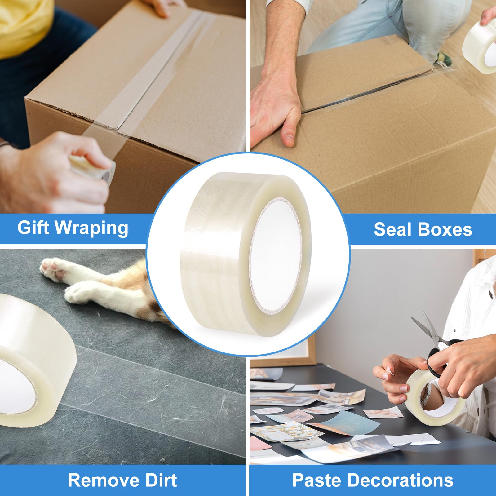 Collage image showing multiple hand-held scenes of clear packing tape rolls with one roll centered for close-up display