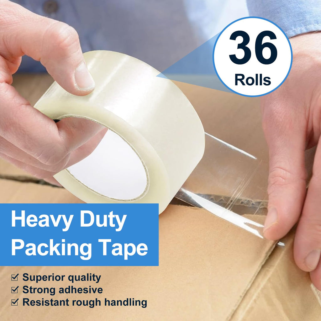 Hand holding a roll of clear packing tape – 2 inch x 110 yards, 2 mil thick