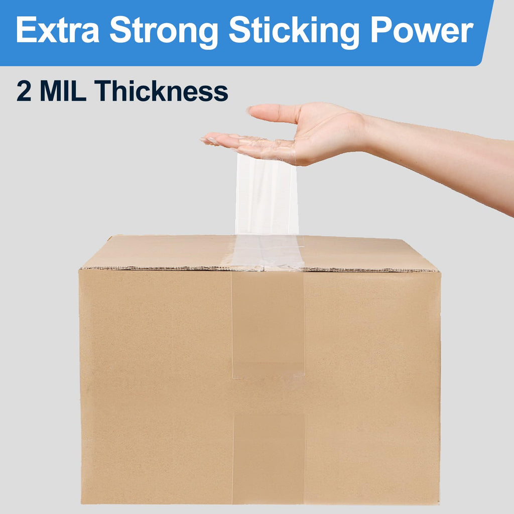 Side view of clear packing tape roll held in hand showing tape thickness