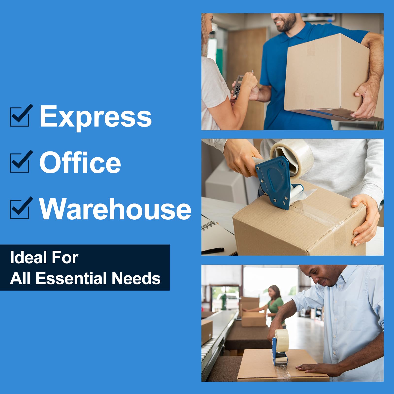 Clear packing tape used in various settings including express shipping, office packaging, and warehouse sealing tasks