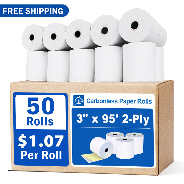 3" x 95' 2-Ply White/Canary Carbonless Paper 50 Rolls