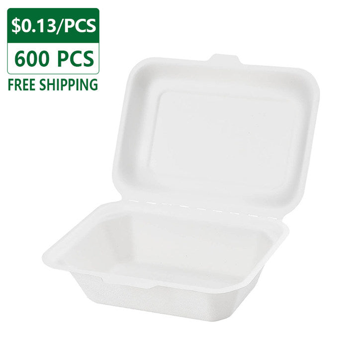 7"x5"x2.6" Compostable Clamshell Containers PFAS Free White 600 pcs