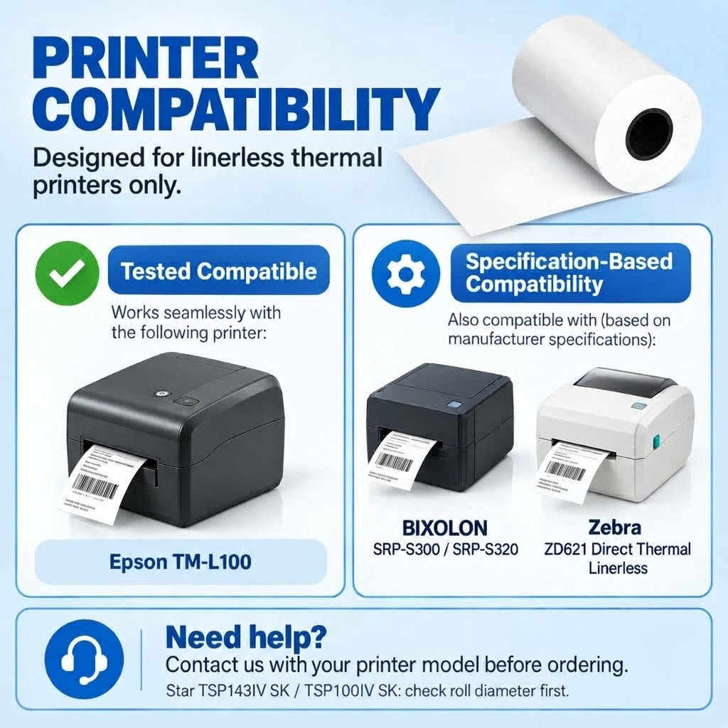 Compatibility graphic for a sticky thermal paper roll, stating it is designed for linerless thermal printers only. The graphic shows a white roll of paper at the top and three printer examples at the bottom: an Epson TM-L100, a Bixolon SRP-S300 / SRP-S320, and a Zebra ZD621 Direct Thermal Linerless, each with a tested compatibility or specification-based compatibility badge.