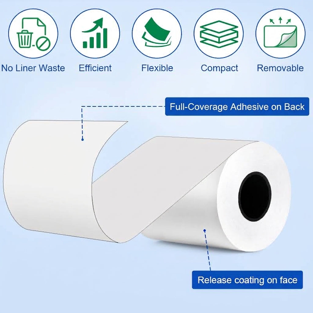 A roll of sticky linerless thermal paper shown on a light blue background, with feature icons and text calling out benefits such as no liner waste, efficiency, flexibility, compactness, and removability. The roll has a black center hole and blue callout labels pointing to adhesive coverage on the back and release coating on the face.