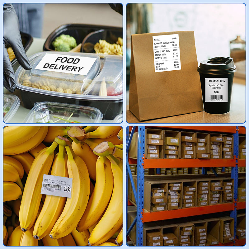 linerless labels used for food delivery, food packaging and warehouse labeling.