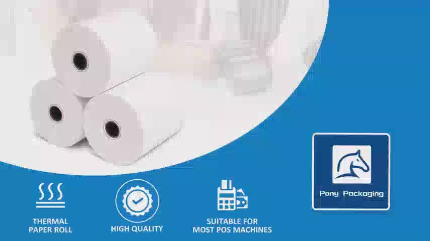 Thermal receipt paper rolls demo including 3 1/8 x 230, 2 1/4 x 50, and 2 1/4 x 85 sizes, showing product details, POS usage scenes, and smooth printing process